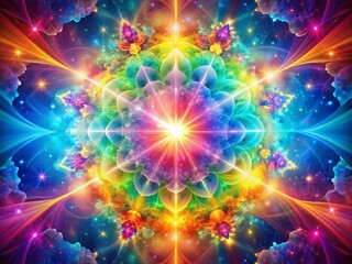 Prismatic Hues of Eternal Devotion: Vibrant, kaleidoscopic colors; radiant auras; uplifting and joyous mood.