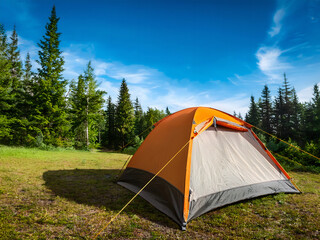A tent camped in the middle of a forest glade blue sky
