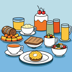 breakfast buffet full english and continental large selection of brunch and breakfast food on the table with egg bacon toast orange juice croissant coffee fruits and nuts