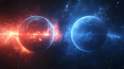 Fototapeta premium Two planets in space, one with fire and the other with ice.