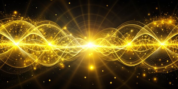 Quantum Flux: Electric yellow, flashing quantum particles, wave-particle duality, abstract, scientific.
