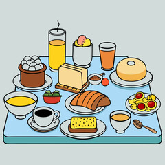 breakfast buffet full english and continental large selection of brunch and breakfast food on the table with egg bacon toast orange juice croissant coffee fruits and nuts