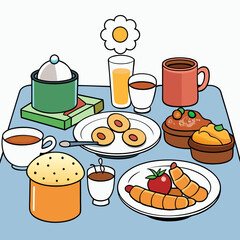 breakfast buffet full english and continental large selection of brunch and breakfast food on the table with egg bacon toast orange juice croissant coffee fruits and nuts