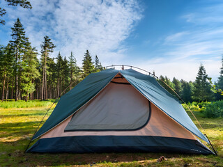 A tent camped in the middle of a forest glade blue sky