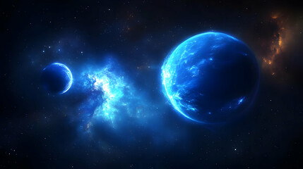 Fototapeta premium Two planets with a nebula in a dark space with stars.