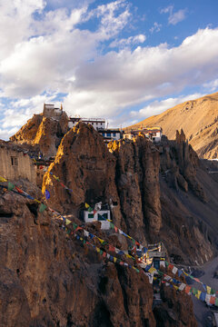 Buddhist prayer flags at Dhankar Gompa, Himachal Pradesh, India; Dhankar, Himachal Pradesh, India