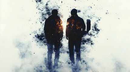 Two silhouetted figures stand against a backdrop of a galaxy, with a soft, white background.