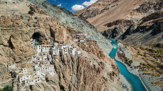Phuktal Gompa (Monastary) and Zanskar River, near Purne, Zanskar, Ladakh, India; Zanskar, Ladakh, India