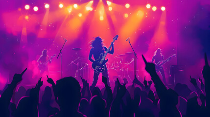 Naklejka premium A vector illustration of metal rock singer, music band , concert, rocker,Rock band electrifying concert stage with music, lights, and energetic performance, featuring a deep gold red color palette
