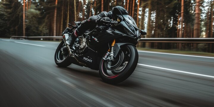 High-speed black Ducati motorcycle racing through forest road with blurred motion effects
