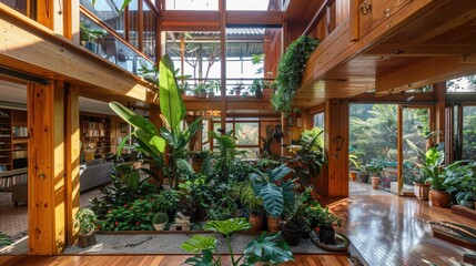 Modern Sustainable Home: Indoor Garden & Natural Wood Finishes Enhancing Eco-Friendly Living Space