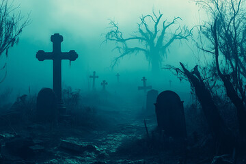 creepy graveyard at twilight, with ancient tombstones, fog rolling in, and twisted, barren trees Halloween