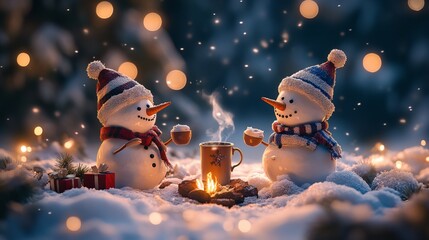 Two cheerful snowmen enjoying hot cocoa by a cozy fire in winter’s snow