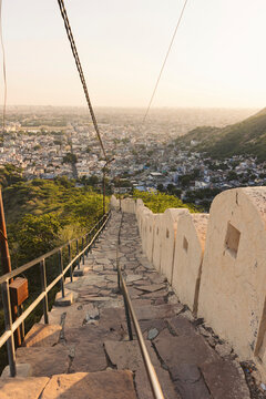 Steps descending the hilltop Shri Garh Ganesh Ji Temple in the Aravali hills of Jaipur; Jaipur, Rajasthan, India