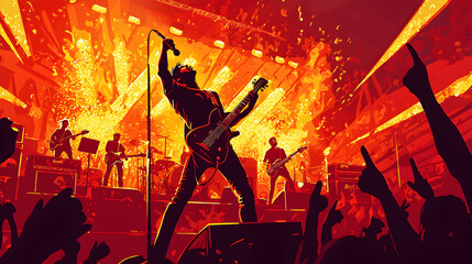 A vector illustration of metal rock singer, music band , concert, rocker,Rock band electrifying concert stage with music, lights, and energetic performance, featuring a deep gold red color palette