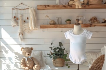 Newborn care room with white baby clothes on mannequins Decorated with cute teddy bears in a white room. Hanging pictures of children's pictures