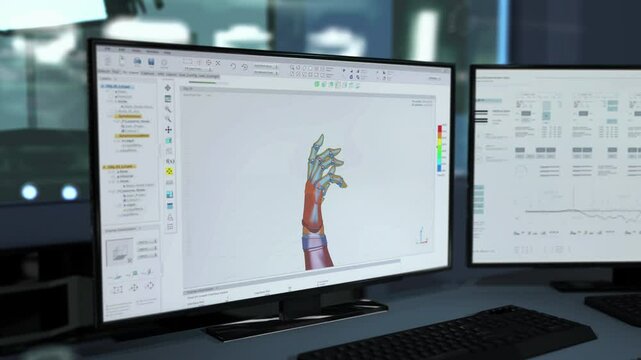 Modern technology ui used for building a prototype of cyber limbs. Computer technology ui creating a prototype of a robot wrist. Technology ui drafting a prototype of artificial prosthetic arm.