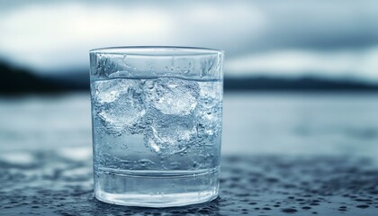 Refreshing Ice Cubes in Glass: Minimalist Summer and Winter Beverage Concept. Abstract Cool Drink Illustration for Advertising and Marketing. Elegant Design Template with Copy Space for Graphic Projec