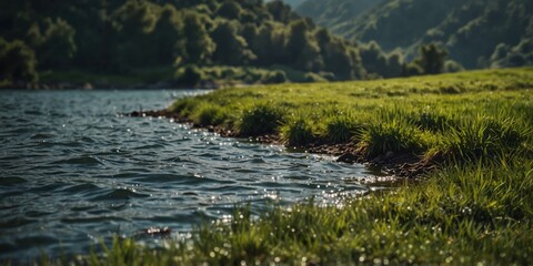 Obraz premium A large body of water lies beside a lush green field atop a grass-covered hillside.