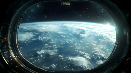 View of Earth through a spaceship window, with clouds, moon, and stars.