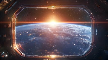 View of Earth through spaceship window with sunrise in the background.