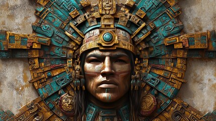 Obraz premium Intricate Aztec warrior relief with detailed carvings in vibrant colors