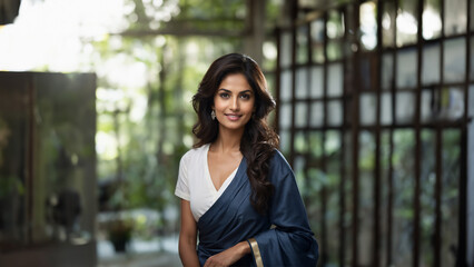 Fototapeta premium Indian businesswoman with flawless skin and natural beauty. Brunette with neat hair and a confident smile, gazing at camera