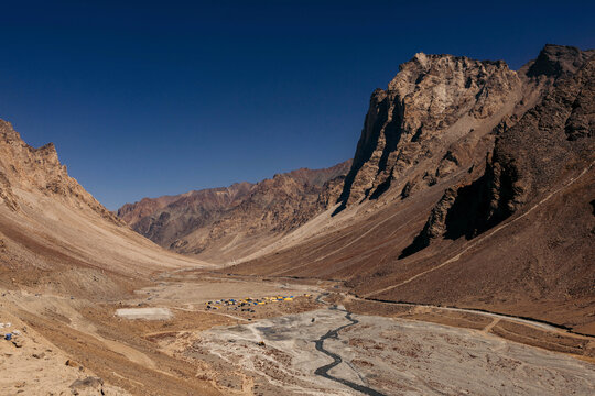 Village of Jispa in a river valley in the Himalayas, Himachal Pradesh, India; Jispa, Lahaul and Spiti, Himachal Pradesh, India