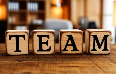 3d render illustration of a wooden block with the word text "TEAM" written on it, displayed in front of a modern office setting