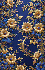 vintage royal navy blue with elegant white and gold flowers pattern
