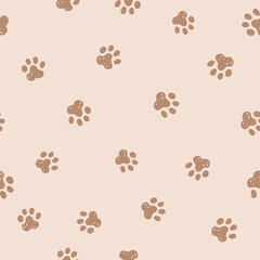 Dog paw seamless pattern. Beige animal repeat for doggie and pet products. Small elements all over print.