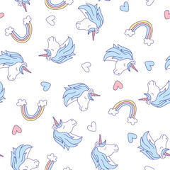Cute children's background with a cute unicorn. Seamless pattern with rainbow and unicorn.