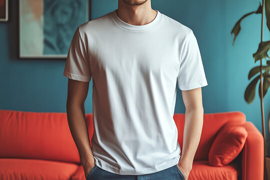 White t-shirt mockup. Close up of a man wearing white t-shirt in living room. Generative ai.