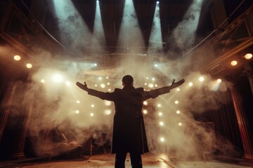 Rear view of a male magician on stage with arms spread wide. Amidst the beams of spotlights and smoke on the stage, the atmosphere in the theater
