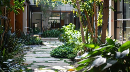 Tranquil Oasis: Close-up of Residential Building with Lush Courtyard, Plants, and Stone Pathways