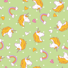 Cute kawaii little unicorn. Seamless pattern. Fairy tale cartoon happy pony characters. Hand drawn style.