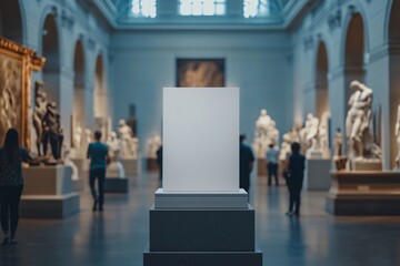 Empty white signboard displayed in an art gallery as visitors admire the sculptures