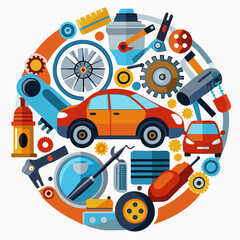 Car Parts and Tools Arranged in a Circle