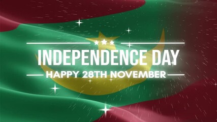 Mauritania Independence Day. animation with lettering text, waving flag background, and fireworks.