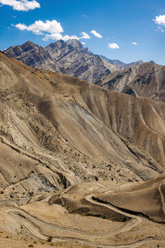 Road winding across the barren mountainside between Zangla and Wanla, Zanskar, Ladakh; Zanskar, Ladakh, India