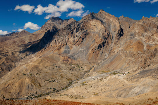 Arid and rugged mountainous landscape with a road between Zangla and Wanla, Zanskar, Ladakh; Zanskar, Ladakh, India