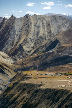 Arid and rugged mountainous landscape with a road between Zangla and Wanla, Zanskar, Ladakh; Zanskar, Ladakh, India