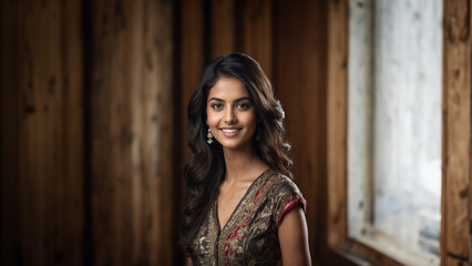 Fototapeta premium Confident and charismatic Indian businesswoman with a warm smile and natural beauty. Brunette hair and flawless skin complement her captivating gaze