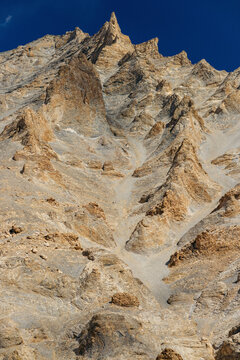 Rugged mountainside in the Himalayas, viewed from the road between Zangla and Wanla, Zanskar, Ladakh; Zanskar, Ladakh, India