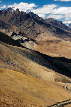 Road winding across the barren mountainside between Zangla and Wanla, Zanskar, Ladakh; Zanskar, Ladakh, India