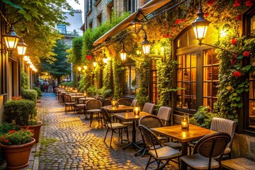 street cafe, warm lighting, foliage
