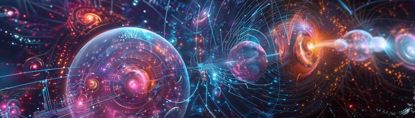 Obraz premium A vibrant cosmic landscape featuring glowing spheres and swirling lights, embodying the beauty of the universe and abstract art.