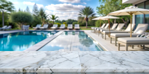 Fototapeta premium White marble tile table top with blurred background of an outdoor swimming pool and lounge chairs for product display or montage your products on it Generative AI