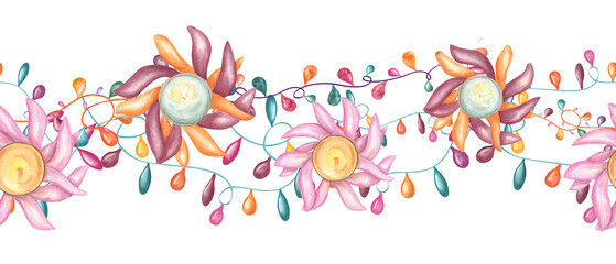 Traditional holiday Diwali burning Diya with intertwining decorative glowing lamps garland watercolor seamless banner. Candles in shape of Water lily flower illustration for festival of lights.