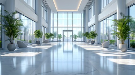Fototapeta premium Clean 3D office background with a wide business hall, light-filled spaces, and polished flooring, ideal for a corporate or airport setting.